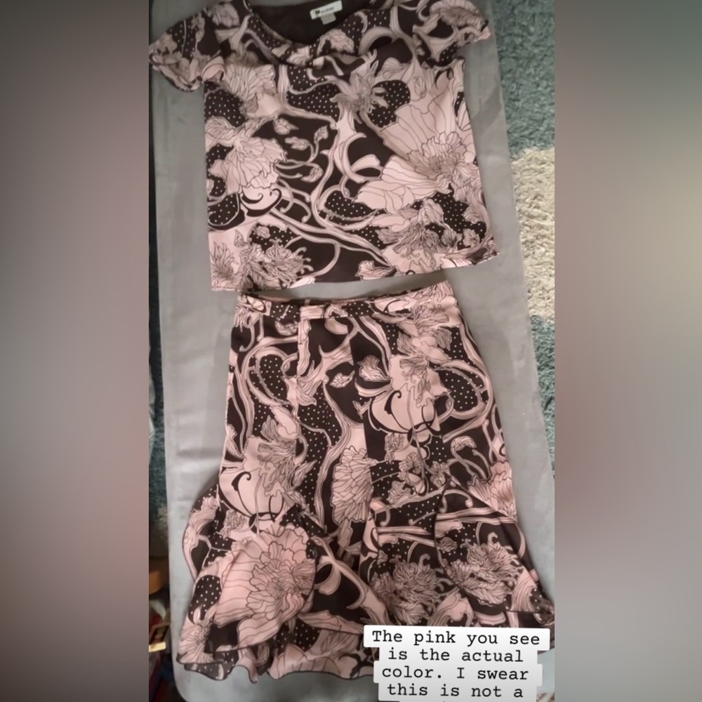 Nygard Collection Brown Pink Floral Polka Dot Ruffle Two Piece Skirt Set Y2K